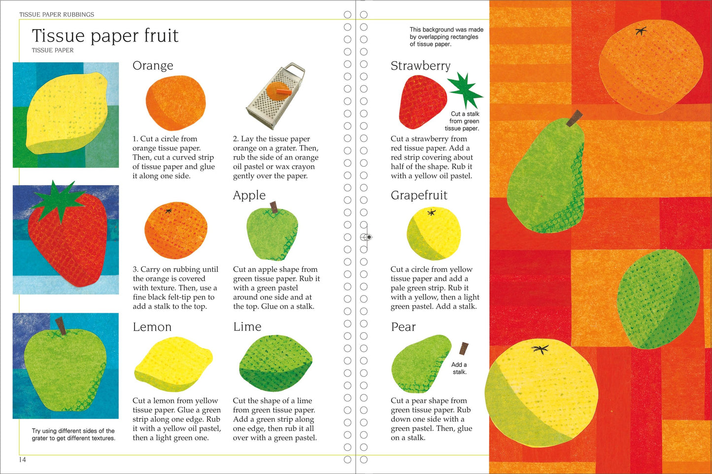 Illustrated book page with tissue paper fruit craft instructions and examples.