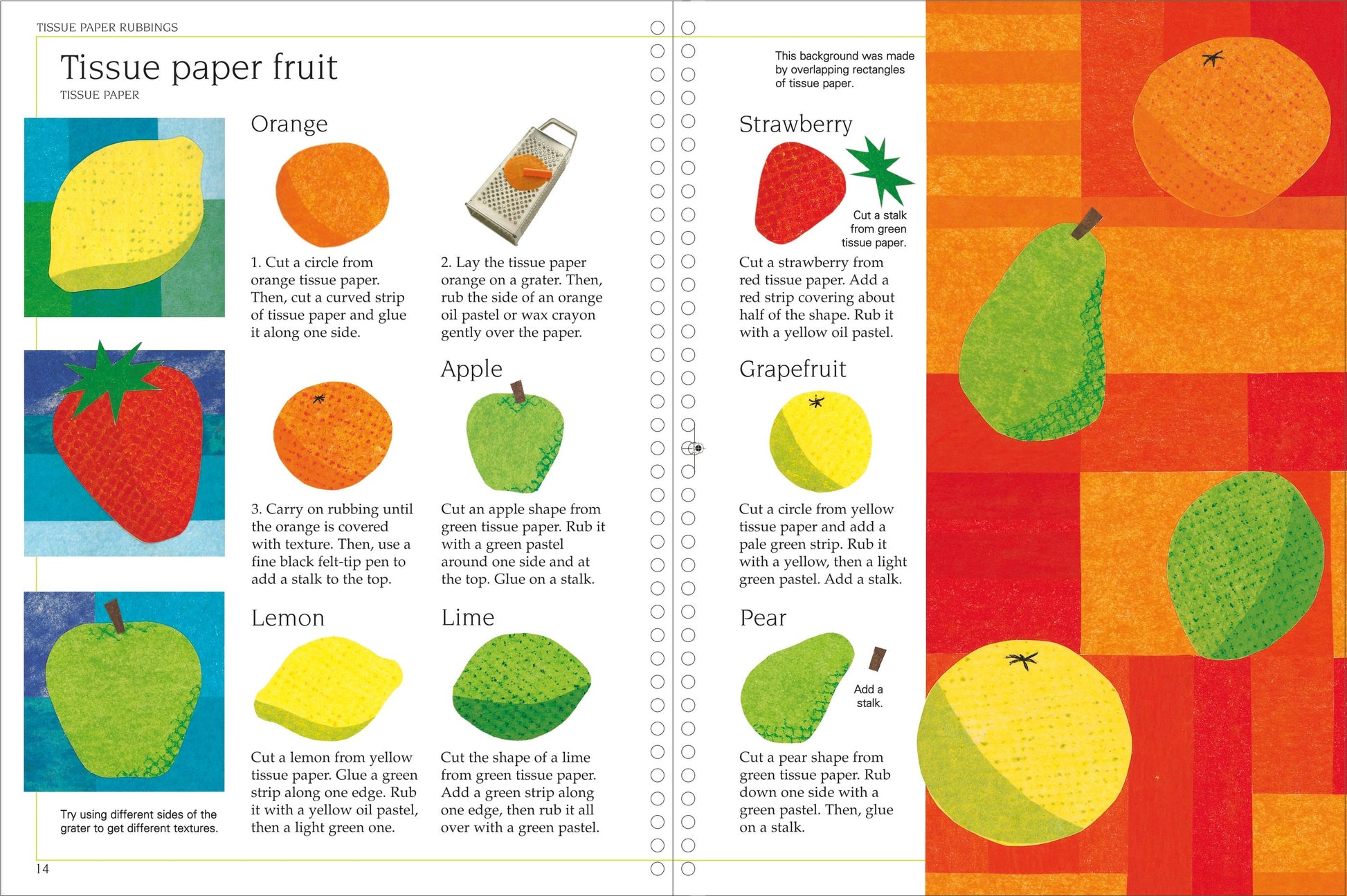 Illustrated book page with tissue paper fruit craft instructions and examples.
