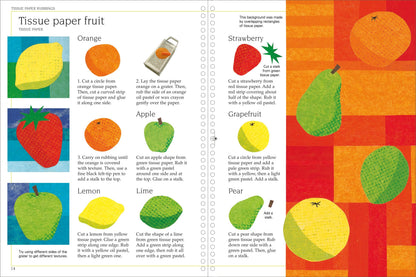 Illustrated book page with tissue paper fruit craft instructions and examples.