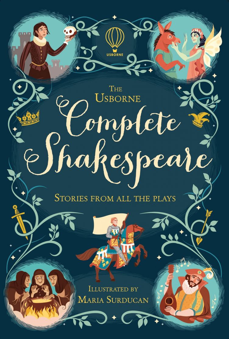 Book cover of 'The Usborne Complete Shakespeare' with illustrations and text on a dark blue background.