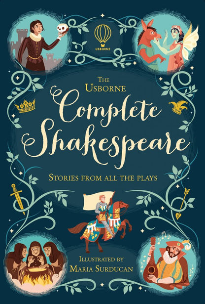 Book cover of 'The Usborne Complete Shakespeare' with illustrations and text on a dark blue background.