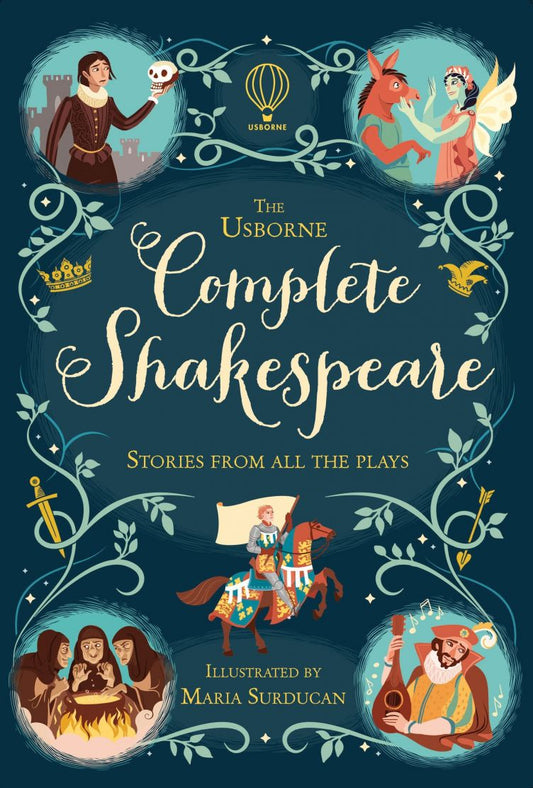 Book cover of 'The Usborne Complete Shakespeare' with illustrations and text on a dark blue background.