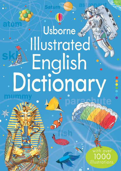 Usborne Illustrated English Dictionary cover with colorful illustrations and text.