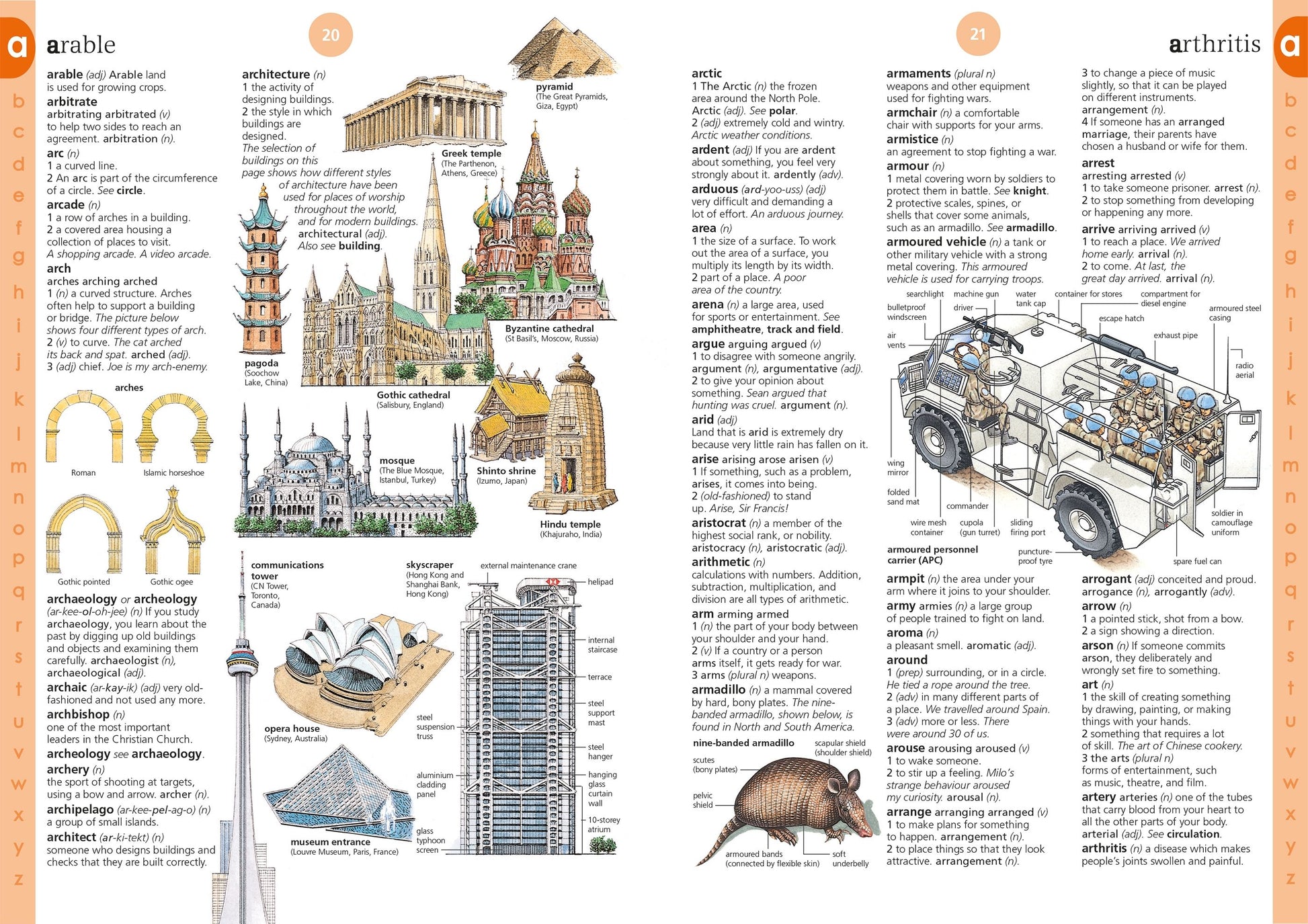 Illustrated dictionary page with architectural and mechanical drawings on a white background