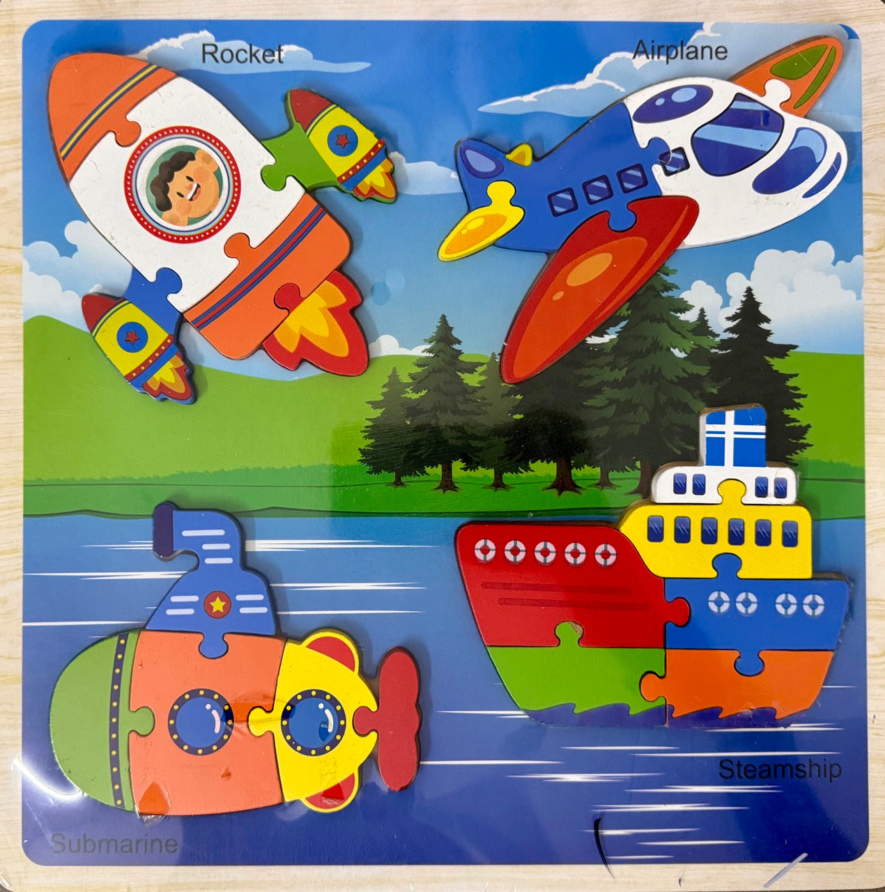 Children's puzzle with toy ship, airplane, and rocket on a wooden board