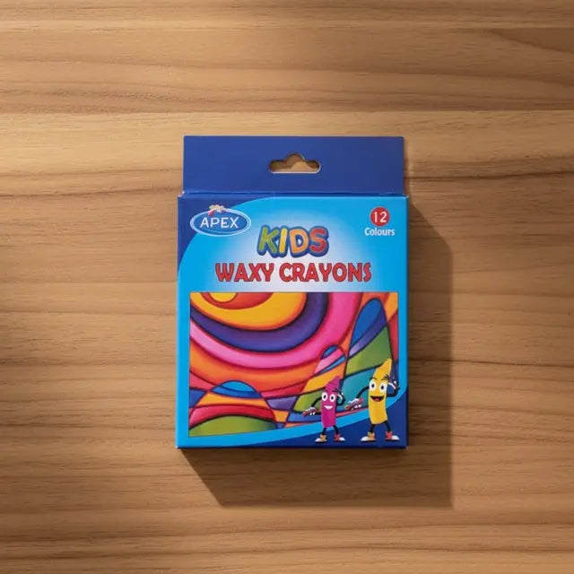 Box of Apex Kids Waxy Crayons on a wooden surface