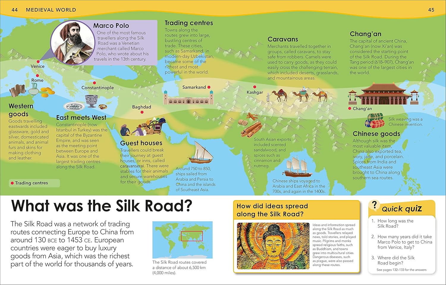 Educational map of the Silk Road with illustrations and text on trading centers, caravans, and Chinese goods.