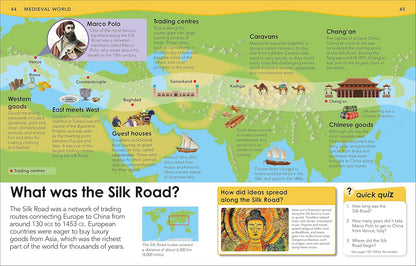 Educational map of the Silk Road with illustrations and text on trading centers, caravans, and Chinese goods.