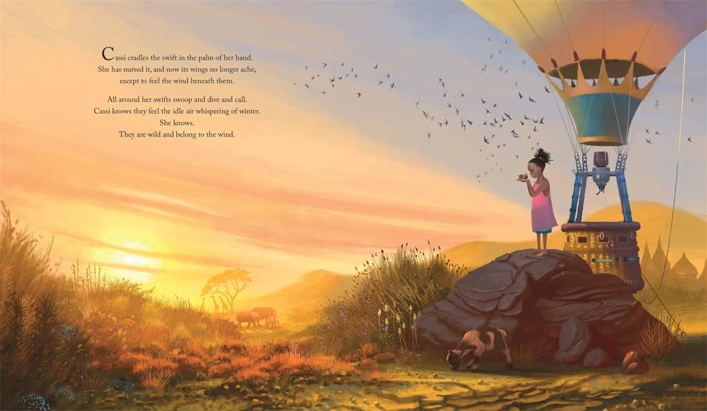 Illustration of a person standing on a turtle with a hot air balloon in the background during sunset.