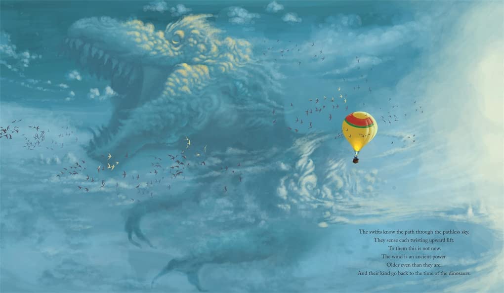 Illustration of a large cloud-like creature with a hot air balloon in the sky
