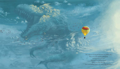 Illustration of a large cloud-like creature with a hot air balloon in the sky