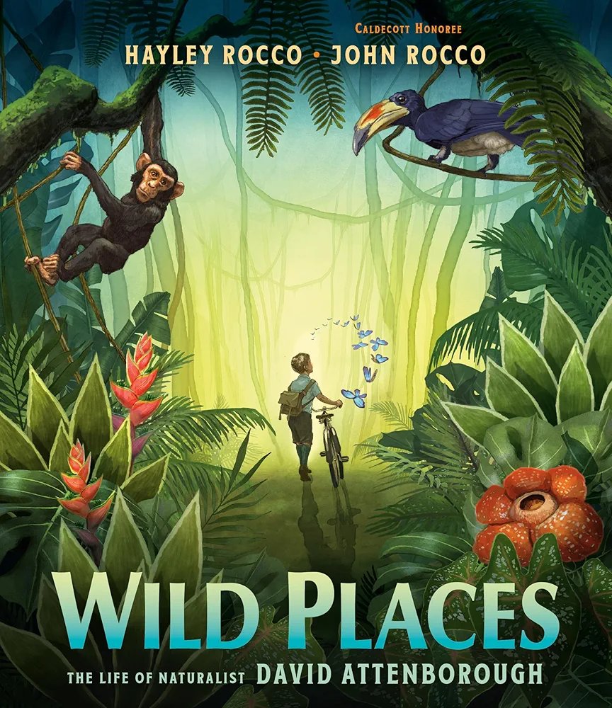 Book cover of 'Wild Places' with a jungle scene, a monkey, a boy with a bike, and a bird.