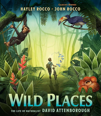 Book cover of 'Wild Places' with a jungle scene, a monkey, a boy with a bike, and a bird.