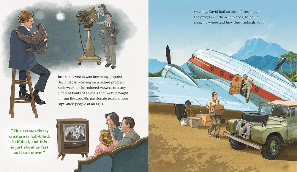 Illustrated book pages showing a man with a dog, a television set, and an airplane.
