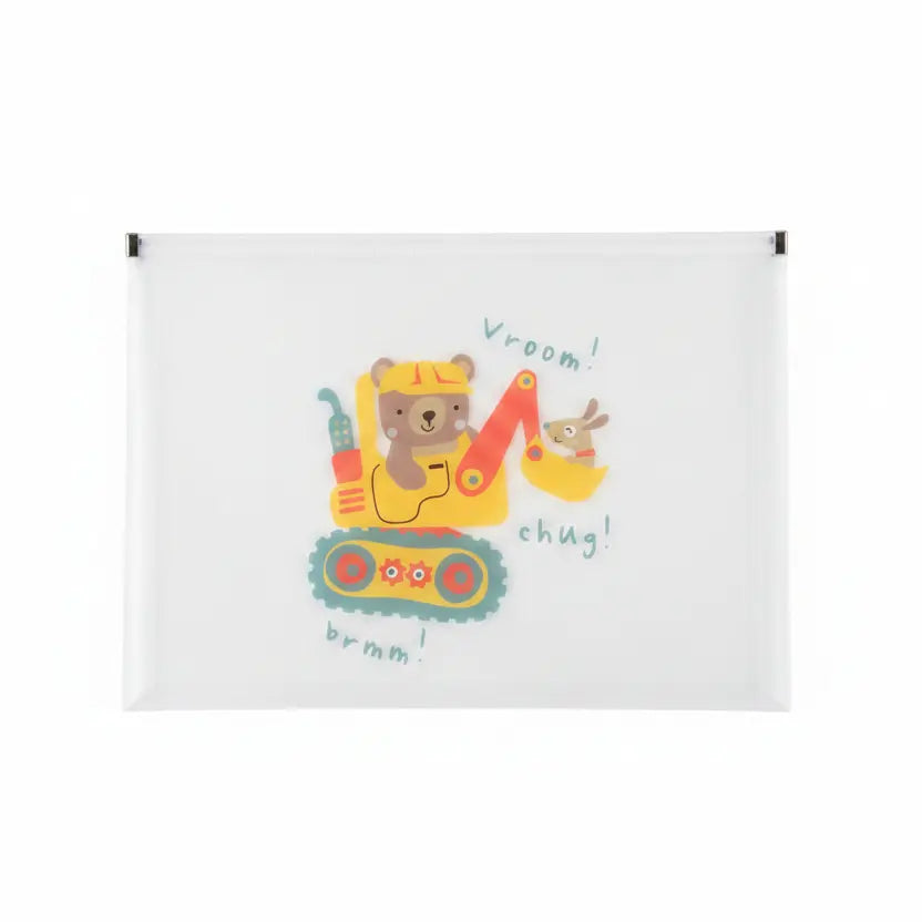 Children's poster with a bear in an excavator illustration on a white background